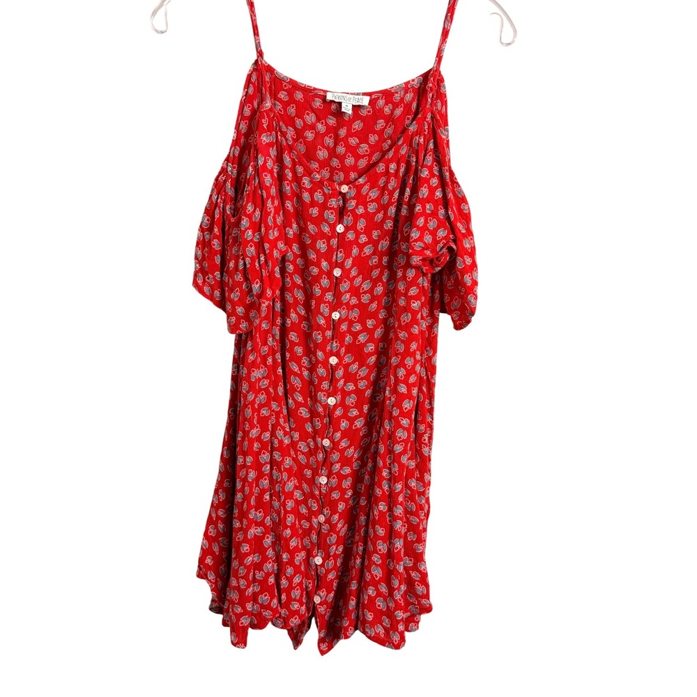Patrons of Peace Red Cold Shoulder Mini Dress Button Front Smocked‎ Boho M